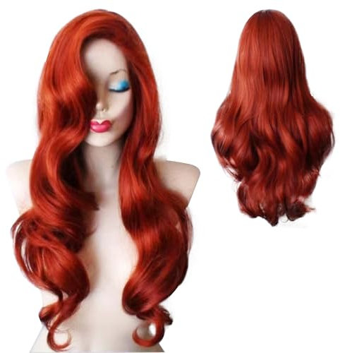 Fsahiuf Frauen Rot Faux Lange Lockige Haare Große Wellige Locken 24 Zoll Synthetische Perücke Jeden Tag Party Anime Cos Perücke Maskerade Party