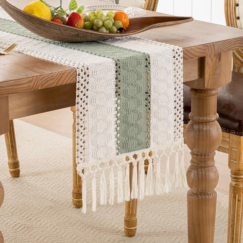 DakTou Tischläufer Grün Salbeigrün Boho Deko Tischdecke Modern Frühling Abwaschbar Rechteckig Baumwollleinen Rustikaler Makramee Quaste Runner für Rustikale Hochzeiten Küchen 30 x 140 cm
