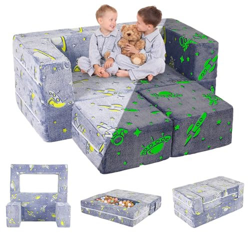 Clevich Kindersofa Ausklappbar,extra weich Spielsofa für Kinder,Modulare Mini Sofa für Spielzimmer,umwandelbares Spielsofa für Kinder,im Dunkeln leuchten,mit 2 Ottomanen,1 Seitentasche,Astronauten