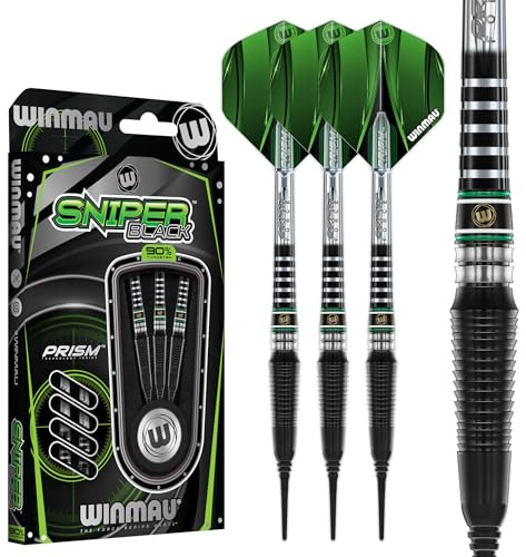 WINMAU Sniper Black 18g Fat / 20g Full vikt Mjuk spets - Professionell 90% Volfram Dartset med Dartflyg och Dartstammar