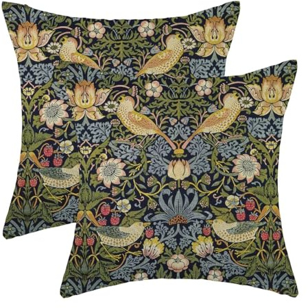 Jecuwo Blommiga kuddöverdrag 50 x 50 cm set med 2, salvia grön blomma fågel utomhus dekorativt kuddöverdrag William Morris vintage kuddöverdrag för soffa bondgård vardagsrum sängdekor