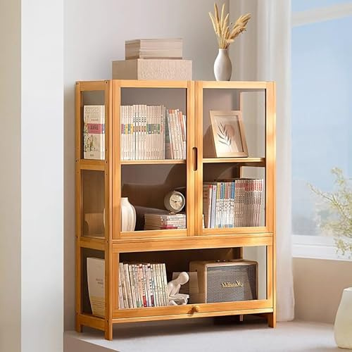 Pounjsd Bamboo Display Cabinet, Figures Curio Display Showcase, Acrylic Doors Display Cabinet, Storage Cabinet for wine books Collectibles Curio toys figures trophies(65 * 32 * 106cm)