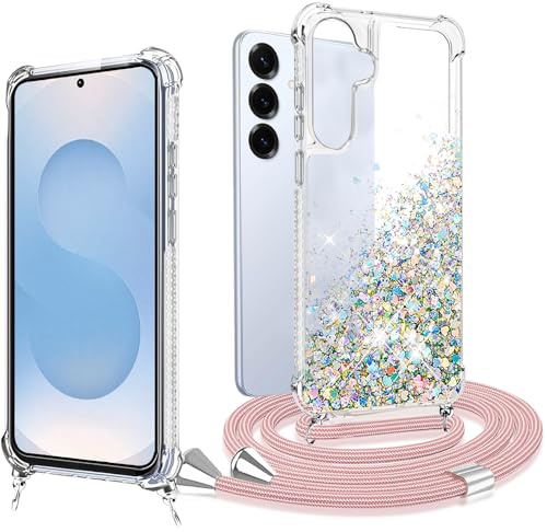 Glitzer Handykette für Samsung Galaxy S25 Hülle mit Band Handyhülle mit kette Mode Kreatives Kratzfest Hüllen mit Abnehmbar Schnur Transparent Schutzhülle zum Umhängen Silikon Stoßfest Case mit Kordel