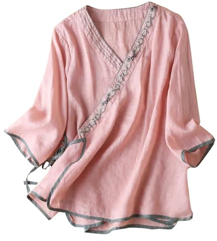 Chinois Style Vêtements Hauts pour Femme en Coton et Lin avec Broderie - Hauts Élégants Grandes Tailles - Tunique - Col en V - Chemise Vintage à Manches 3/4 - Blouse - Tunique Enveloppant - Costume