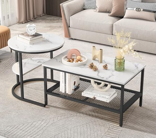 BestAlice 2-in-1 Couchtisch, rund, rechteckig, mit Stauraum, Marmoroptik, Metallrahmen, Wohnzimmertisch, Couchtisch, Weiß und Gold (Rechteck Schwarz Weiß)