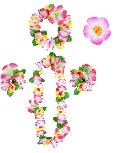 Hawaii Blumenkette,5Pcs Hawaii Kette Blumen Set,Blumen Haarklammer Blume Haarschmuck Armband Blumenkranz,Hawaiian Party Deko Outfit Damen für Poolparty Beachparty Karneval,Rosa