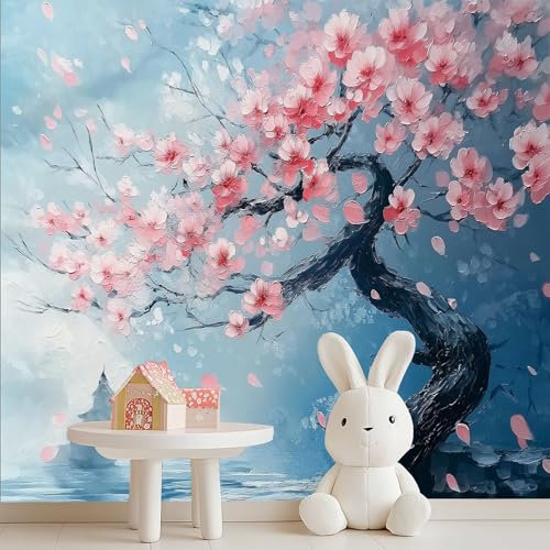Carta da Parati Paesaggio Cinese Fiori di Pesco Autoadesiva Decorazione da Muro Soggiorno Camera Da Letto 250 x 175 cm per Mobili Murale Impermeabile Blu Poster Gigante Design Carta da Pareti 3D