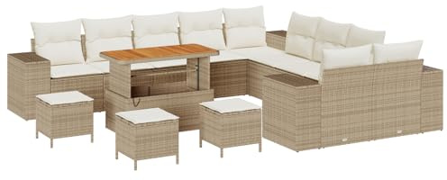vidaXL 14-delad trädgårdsoff-set med kuddar beige polyrotting akacia | Utomhussittande för 6 | Väderbeständig design | Smarta förvaringslösningar | Modern stil | Uppdatera din inredning | Sektionell p
