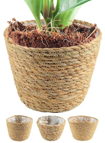 Cesta tejida para plantas, macetas, contenedor de flores con forro para dormitorio, jardín, patio, sala de estar, balcón, mesa, alféizar de la ventana, porche