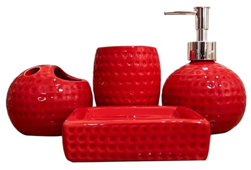 4pcs Juego de baño rojo, accesorios para el baño rojo de cerámica incluye soporte de cepillo de dientes, vaso, dispensador de loción, plato de jabón para decoración navideña, regalo, accesorios
