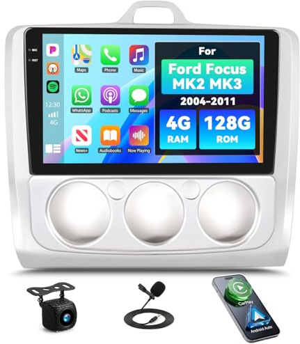 4+128G Android 15 Autoradio für Ford Focus Mk2 Mk3 Exi MT 2 3 2004-2011, 9 Incell Touchscreen-Radio mit Wireless CarPlay & Android Auto Bluetooth 5.0 GPS WiFi FM/RDS 32EQ+ AHD Rückfahrkamera
