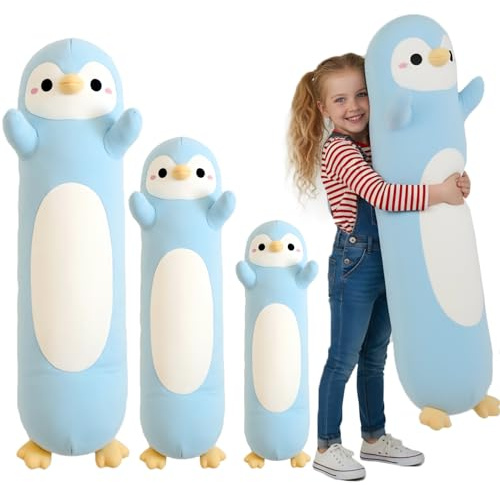 Kekeso Peluche Pingouin, Long Oreiller Pingouin Ultra Doux, Peluche Câline en Forme de Coussin Corporel, Cadeau de Noël pour Enfants & Adultes (Bleu Clair, 90cm/35.43in)