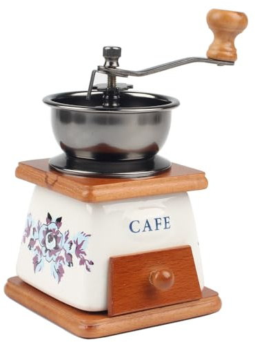 YUEHUA Manuelle Kaffeemühle justierbar - Keramik-Kegelmahlwerk, Gusseisen-Retro-Design mit Buchenholzgriff, großer 10-cm-Trichter
