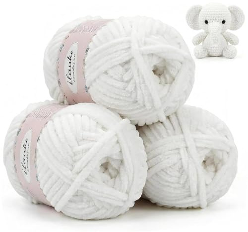 ilauke 3 x 100 g chenille-ull för virkning, vitt mjukt chenille-garn för virkgarn