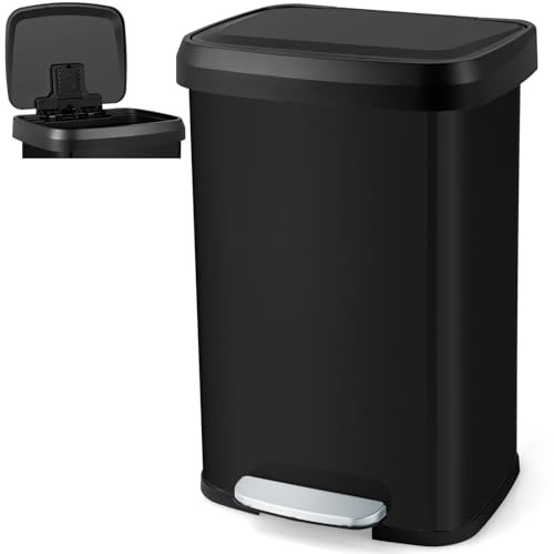 COSTWAY 50L/68L Kitchen Bin, Soft Closure Stainless Steel Recycling Pedal Bin with Deodorizer Box, Handle and Non-slip Base, Fingerprint-Proof Rubbish Trash Can Dustbin (50L, Black)