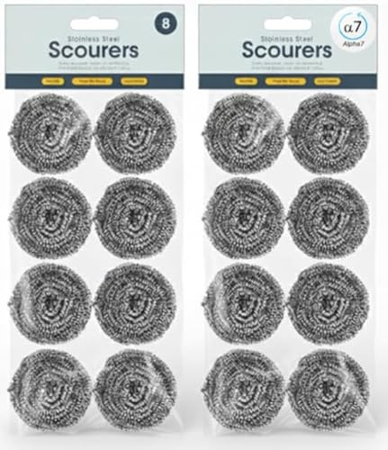 Alpha7 2 Pack 16 Pcs Stainless Steel Scourers | Heavy-Duty Metal Scrubber, Scouring Pads, Professional Pot Scrubber, Pan Scourers for Kitchen, Durable Wire Scourers, Washing Up Scourers, Steel Scourer
