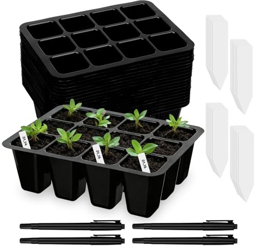 Aoesuny 20 pcs Seed Trays for Seedlings, Black 240 Cells Seed Starter Trays | With Plant Name Tags and Pens Plastic Seedling Pots and Tray, Seedling Tray for Flower Vegetable Fruit Seedling Cultivation