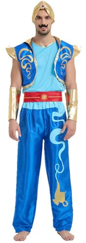 WAZHAKU Aladin Kostüm Herren Erwachsenenkostüm mit Kopfbedeckung Arabischer Weste Aladdinhose Männer Fasching Halloween Kostüm Flaschengeist Cosplay Mottoparty Outfit Faschingskostüme