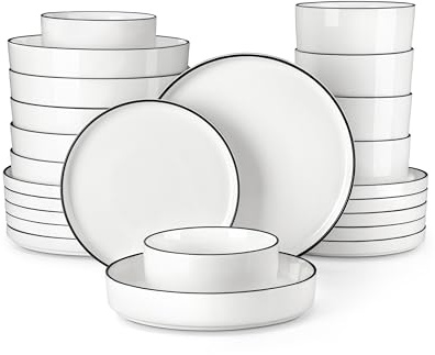 MALACASA Porslinsset i 48 delar för 12 personer, modern middagsservis av vitt porslin med svart kant, porslinsset inkl. 12 x mattallrikar, tårttallrikar, pastatallrikar, skålar