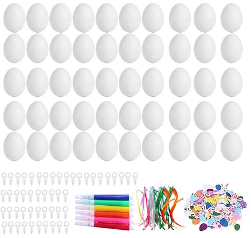 QOKLIYUI Ostereier Bastelset für kreative Kinder – Inhalt: 50 Leere Eier, 50 Bänder und Farbstifte, 1 Packung Aufkleber – Bastelmaterial für den Kindergarten