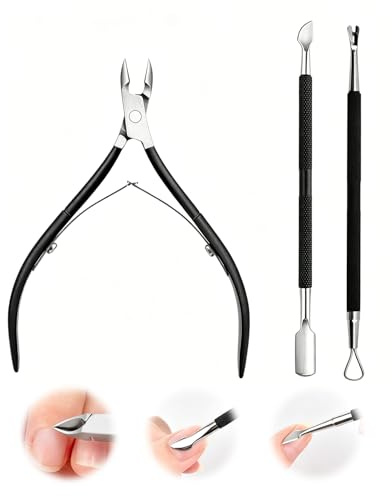 QEQSHQO Corta Cutículas Profesional Negro, Kit Manicura 3 Piezas Acero Inoxidable para Remover Cutículas, Empujador de Cutículas y Raspador de Uñas, Manicura Pedicura Impecable.