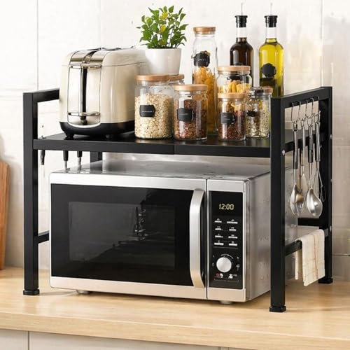 Expandable Microwave Shelf Rack, Adjustable Width & Height Kitchen Counter Organizer, Heavy Duty Metal Storage Stand with Hooks for Microwave, Toaster & Spice Jars (BLACK)