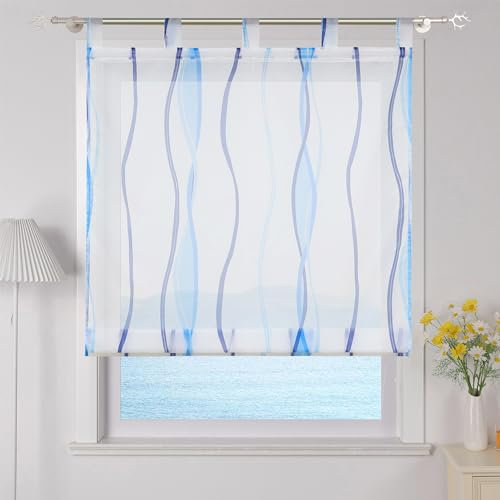 ESLIR Raffrollo mit Schlaufen Gardinen Küche Raffgardinen Transparent Schlaufenrollo Vorhänge Mit Wellen-Druck Modern Voile Blau BxH 140x140cm 1 Stück