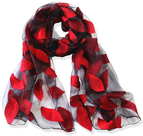 YFZYT Organza-Schal für Damen mit Feder Stickerei Muster/Elegantes Accessoire für Frauen/Organza-Schal/Halstuch/Schulter-Tuch/Schal Chiffon Stola Scarves - Rote Blätter