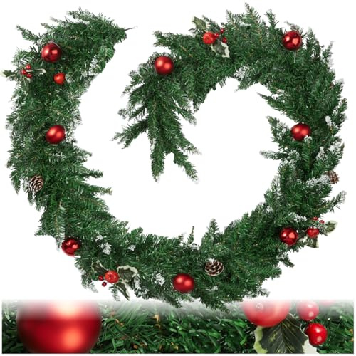 tectake® Weihnachtsgirlande mit Kugeln, Beeren und Tannenzapfen, Weihnachtsdeko innen, Weihnachtsdeko Outdoor, Deko für Treppengeländer, Christmas Decorations, Deko Girlande