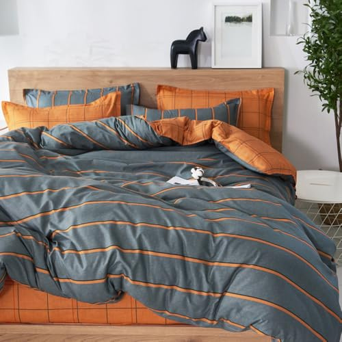 Treer Copripiumino Letto Singolo 150x200cm, Set Copripiumino in Microfibra, Reversibile Biancheria da Letto Moderno Plaid Strisce 3 Pezzi, Copripiumone con Cerniera e 2 Federe, Arancione Grigio