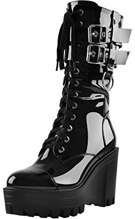 Only maker Damen Plateau Stiefeletten Schnürboots Hablstiefel mit Reßverschluss Lack Schwarz 38 EU