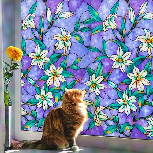 Coavas Decorative Window Privacy Film, Heat Control Sun Blocking Stained Glass Window Film, Floral Design Static Cling, Non Adhesive Windows Tint for Bathroom Front Door(Vinyl, 17.5 x 78.7 )