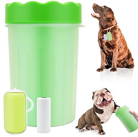 KOOLPUG Dog Paw Cleaner, Paw Cleaner Cup with Dog Poo Bags Leash Dispenser, Dog Paw Washer, Pet Paw Cleaner with Waste Bags, Pet Cleaner, Perfect for Removing Dirts After Daily Walk (Small, Green)