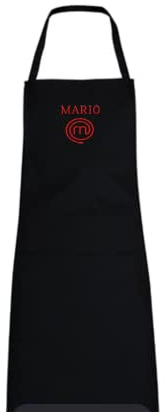 SAQUITOMAGICO Delantal Oficial Masterchef para Adulto y Niños Personalizado con tu Nombre Bordado.-Producto con Licencia Oficial.-Novedad Marzo 2021 (negro personalizado)