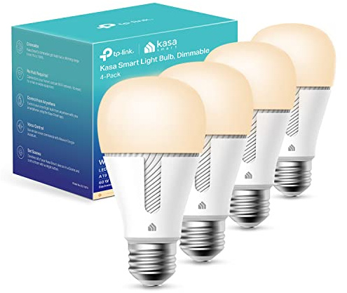 Kasa Smart Light Bulbs that works with Alexa and Google Home, Dimmable Smart LED Bulb, A19, 9W, 800Lumens, Soft White(2700K), CRI≥90, WiFi 2.4Ghz only, No Hub Required, 4 Count (Pack of 1)(KL110P4)