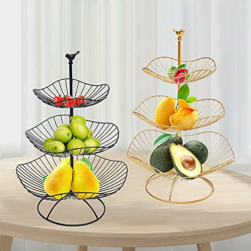 Bandeja de 3 pisos para servir postres, tartas, frutas, cesta de frutas, cesta de metal, soporte para fiestas, soporte para postres y frutas (color negro)