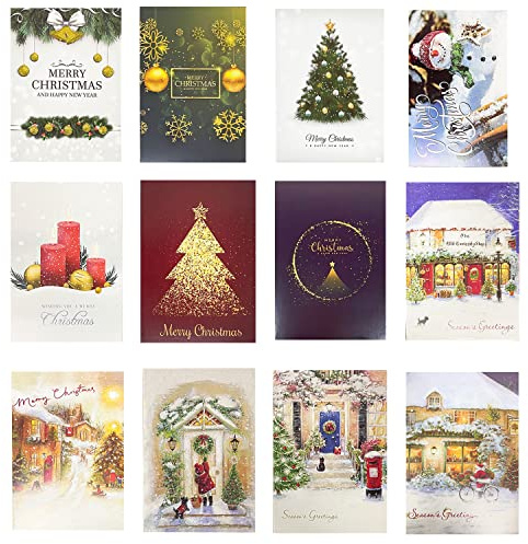 Tarjeta de Navidad, con Purpurina de Tarjeta felicitacion tarjeta regalo, Conjunto de 24 Plegable Tarjetas + 24 Sobres papel + 24 Pegatinas Tarjetas de DIY notas felicitación de Navideñas postales