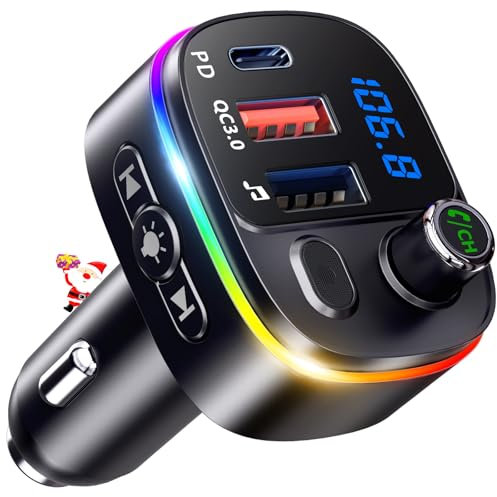 Mohard Bluetooth Adapter Auto, PD 18W&QC3.0 FM Transmitter Auto, 9 RGB Beleuchtungsmodi, 3 USB Anschlüss Auto Ladegerät, Unterstützt Freisprechfunktion, Siri Assistant, USB-Disk, Patchkabel-Adapter