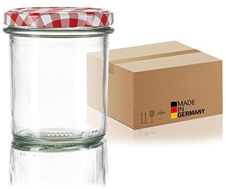 BigDean 12x Sturzgläser 350ml - Einmachgläser Einweckgläser Schraubgläser - Made in Germany - Marmeladengläser mit Schraub-Deckel TO 82 - Rot kariert