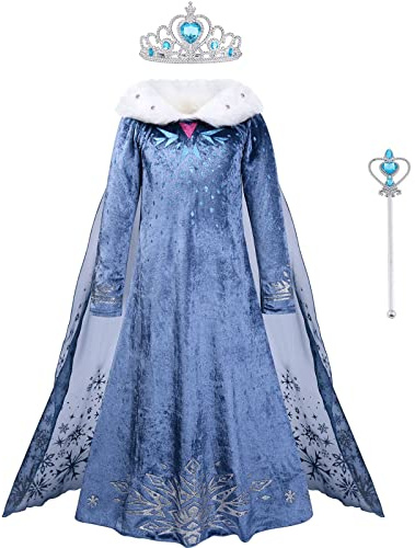 ACWOO Robe de Princesse, Robe avec Baguette et Couronne, Filles Princesse Costume Habillage, Manches Longues Costume pour Noël Halloween Anniversaire Robe de Cosplay
