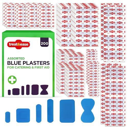 SOL 200pk Blue Plasters for Catering & First Aid - Waterproof, Kitchens, Food Prep. Small and Assorted Sizes, Strong & Washproof. Quick Coverage of Cuts & Grazes on Fingers, Hands & Arms.