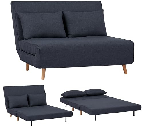 EVERGREENWEB Poltrona Letto 1 Piazza e Mezzo con Cuscino Imbottito, Tessuto Grigio Scuro, Divano 2 Posti Salvaspazio Pieghevole, Pouf Poggiapiedi, Schienale Regolabile Clic Clac, Gambe in Legno FOLDY