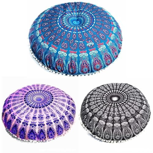 Cyrank Baumwolle Boden Kissenbezug Hippie Dekorative Bohemian Boden Kissenbezug Runde Baumwolle Kissenbezug Hippie Kissenbezug 80cm Bequeme dekorative Home Decor, Sitz werfen Abdeckung(Blau)