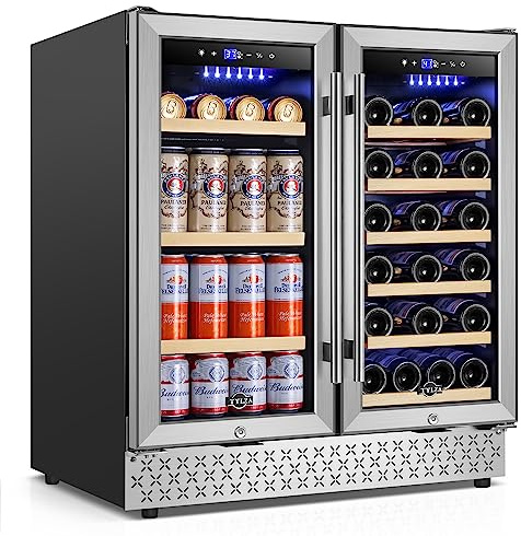 Tylza 30 Inch Wine and Beverage Refrigerator, Dual Zone Wine Beverage Cooler 30 with French Door, Under Counter Wine Beer Fridge Built-In or Freestanding, Holds 29 Bottles and 110 Cans TYBC200