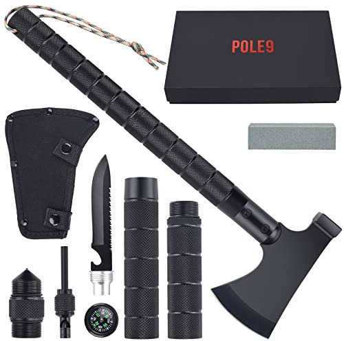 POLE9 Survival Axe Multitool Ultimate Camping Companion - Ascia di sopravvivenza pieghevole con funzionalità multitool 11 in 1 per avventure all'aperto, campeggio e uso tattico