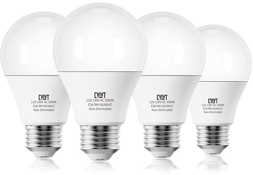 CYLYT A19 LED Light Bulb 60W Equivalent, Daylight White 5000K, 9W Energy Saving Bulbs, Focos LED para Casa, E26 Standard Base for Kitchen Bedroom Indoor Outdoor, 800 Lumen, Non-diammable, 4-Pack