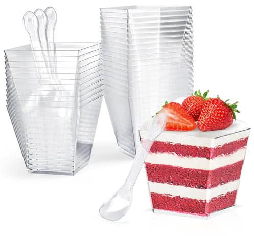 CoKeeSun 60 Pcs Dessert Cups with Spoons 200ml/7oz Square Dessert Cups Set Reusable Plastic Dessert Pots for Dessert Pudding Mousse Ice Cream Cheesecake