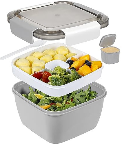 Greentainer Lunchbox Auslaufsichere Bento Box mit 1 Gabel, Salatbehälter mit Dressingbehälter, 3 Fächer Salatbox-to-go für Schule,Arbeit,Picknick, Reisen,Camping