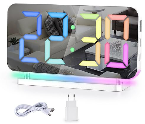 SZELAM Digital Alarm Clock,RGB Alarm Clock Bedside,7.4LED Mirror Clock with USB Charging Port,10 Modes RGB Night Light,11 Colors LED Display,Auto Dimming,5 Levels Volume Desk Clock for Bedroom Decor