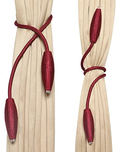 MALOINTEX Alzapaños de cuerda de bola de cortina, alzapaños de cuerda, alzapaños de cuerda hechos a mano, alzapaños de cortina de algodón (rojo burdeos, 4 piezas)